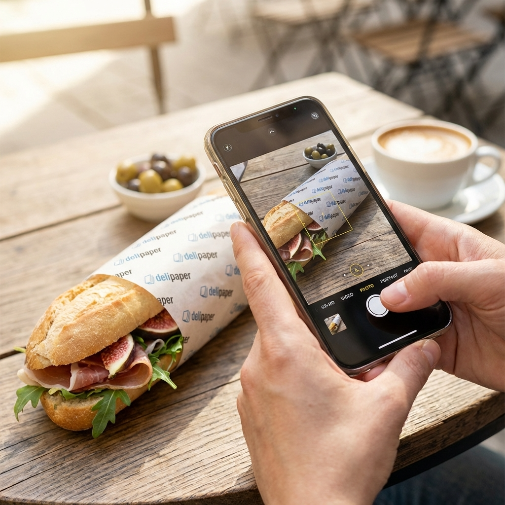 Person taking a photo of a sandwich wrapped in DeliPaper