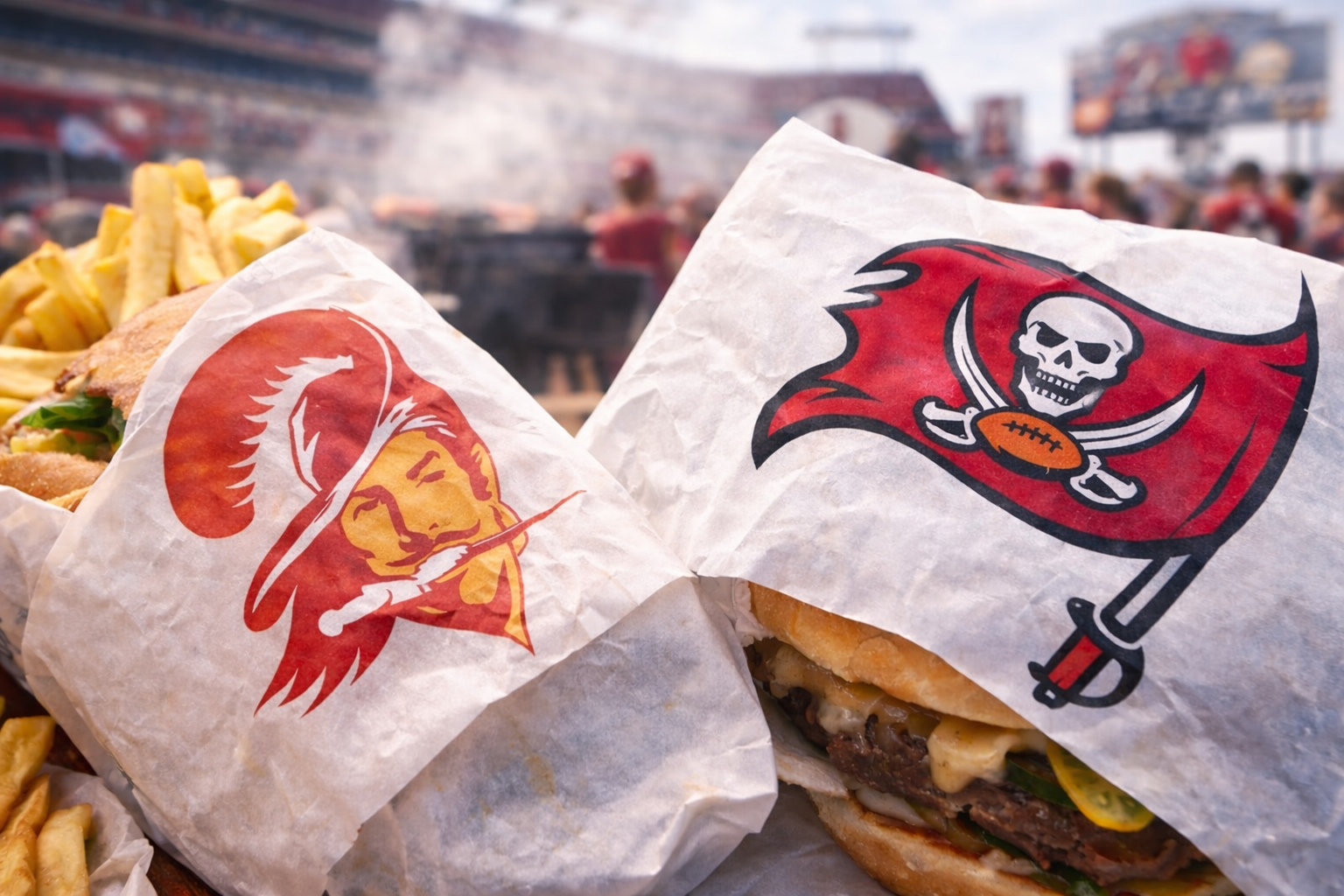 Two food items wrapped in DeliPaper, one with an old Buccaneers logo and one with a newer Buccaneers logo to show brand history