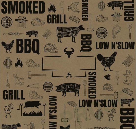 BBQ stock printed deli paper on kraft greaseproof paper with grill, smoked, cow, and pig illustrations in a 12 by 12 sheet