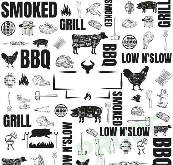 BBQ stock printed deli paper on white greaseproof paper with grill, smoked, cow, and pig illustrations in a 12 by 12 sheet