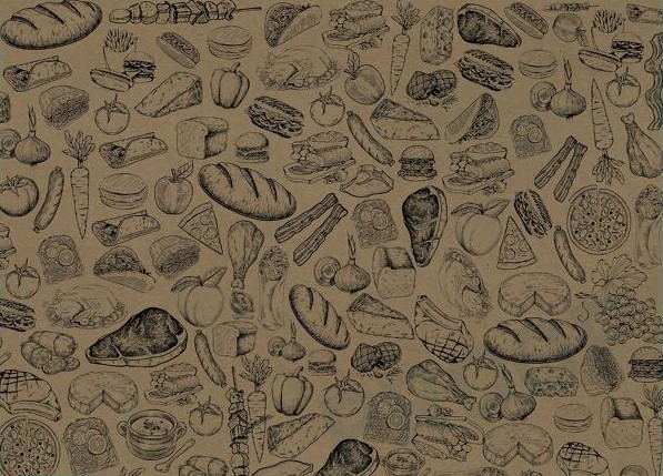 Butcher stock printed deli paper on kraft greaseproof paper in a 13 by 20 sheet with meat, produce, and bread illustrations