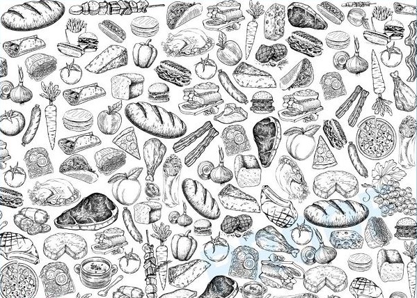 Butcher stock printed deli paper on white greaseproof paper in a 13 by 20 sheet with meat, produce, and bread illustrations