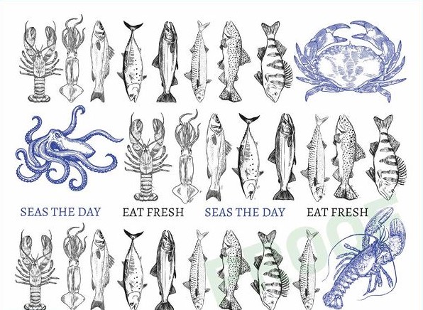 Seafood stock printed deli paper on white greaseproof paper with repeated fish, crab, octopus, and lobster illustrations